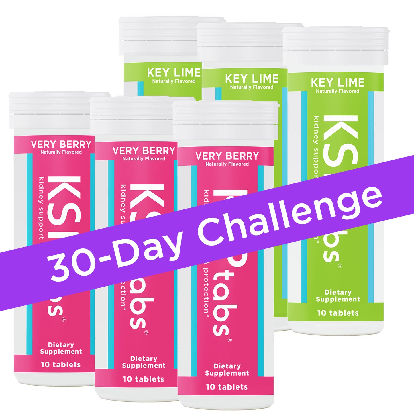 Multiple bottles of KSPtabs dietary supplements with a 30-Day Challenge banner.