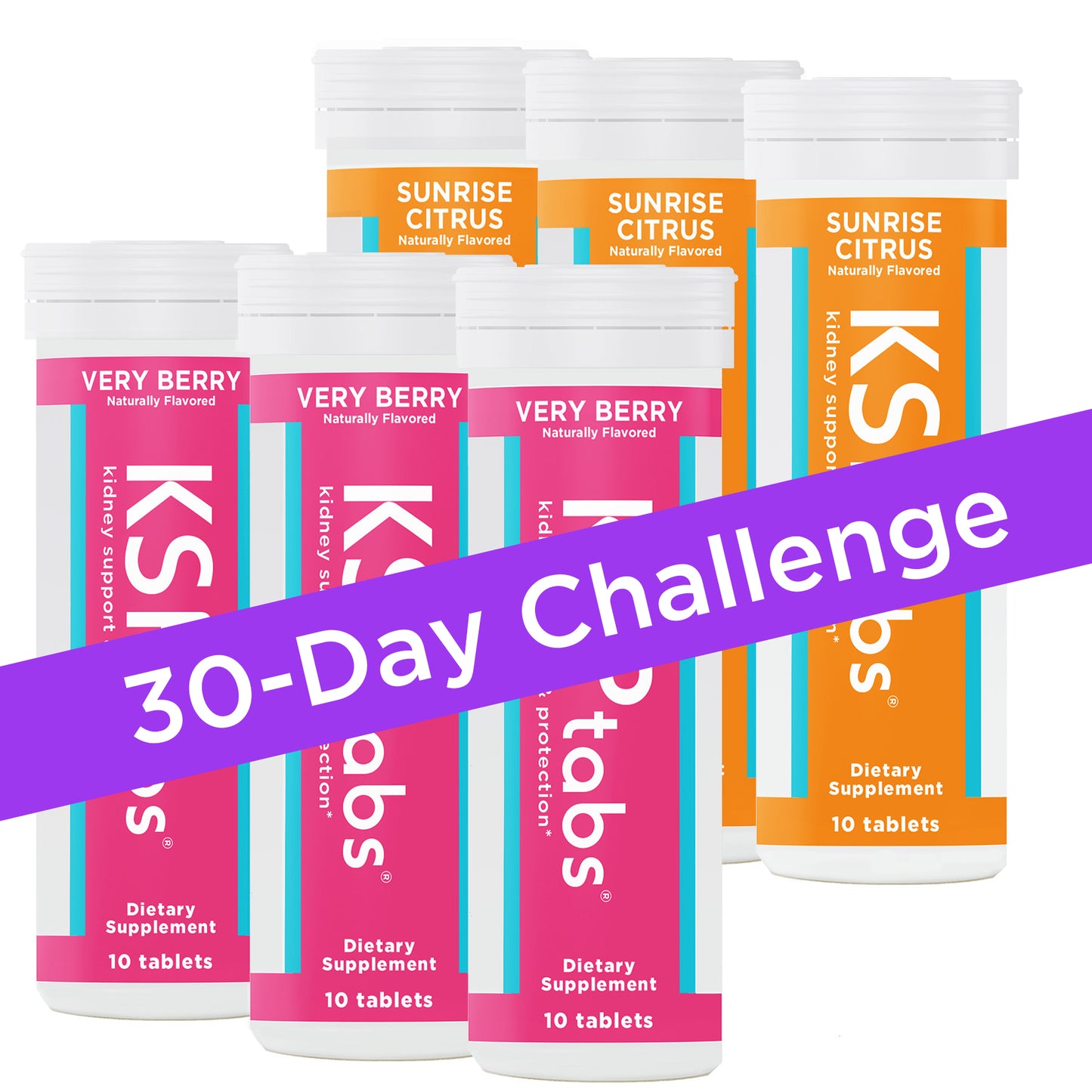 Multiple bottles of KSPtabs dietary supplements with a 30-Day Challenge banner.