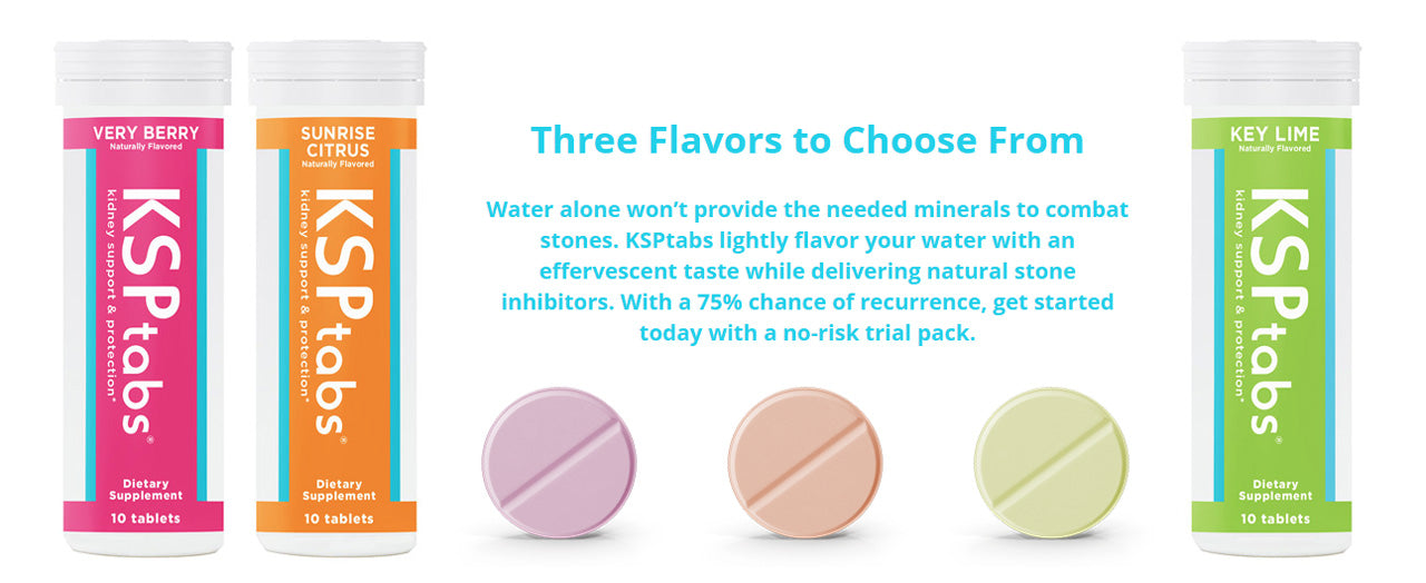KSP Tabs packaging with three flavors displayed and text about stone inhibitors.