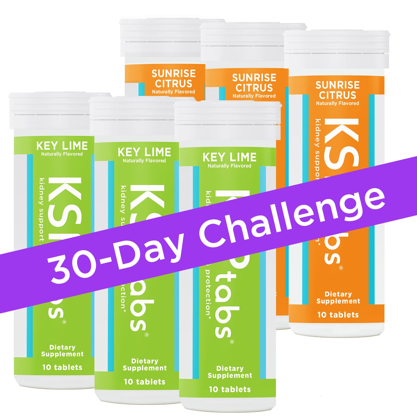 Multiple bottles of KSPtabs dietary supplements with a 30-Day Challenge banner.