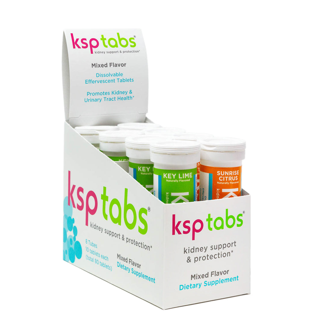 Display of ksptabs kidney support supplements in a box on a white background